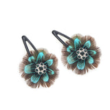 Pair of Green Feather Floral Hair Clips with Rhinestones