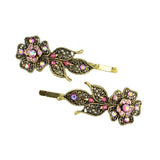 Antique Brass Hair Clips w/ Rhinestone Flower Pink [Pair]