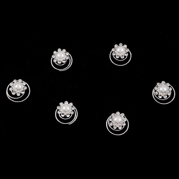 Rhinestone Flower with Glass Pearl Center Spiral Bridal Hair Pin (Set of 6)