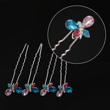 Silver Finish Colorful Rhinestone Butterfly 2-prong Hairpins [Set of 4]