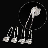 Silver Finish Rhinestone Leaves 2-prong Hairpins [Set of 4]