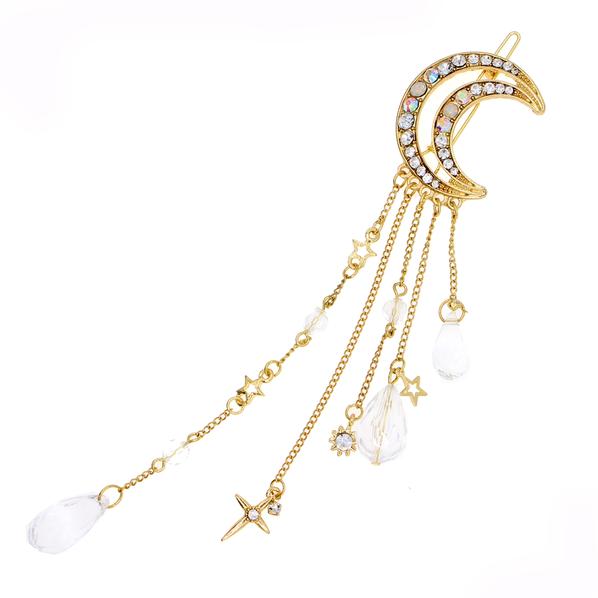 Antique Brass Finish Crecent Moon Rhinestone Hair Clip with Beads Tassels (pc)