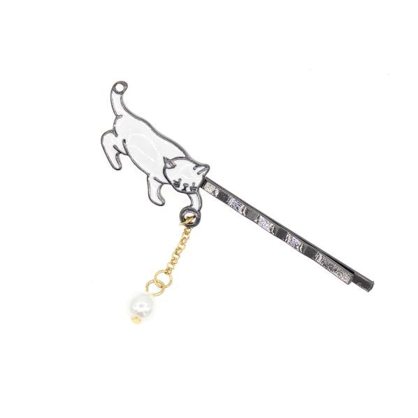 White Enamel Playing Kitten Cat Hair Clip with Faux Pearl Tassel (pc)