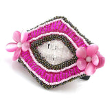 Hand Beaded Hair Clamp Diamond Shape with Flowers Hotpink