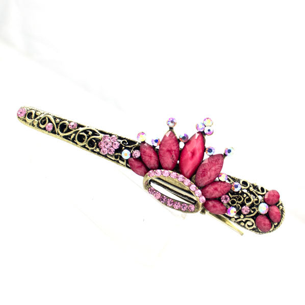 Antique Brass with Rhinestones Alligator Clip Crown Red