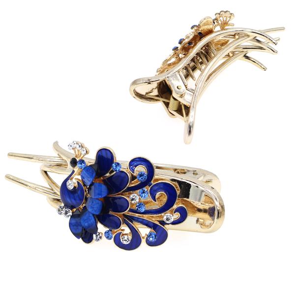 Red Enamel Peacock Hinged Hair Fork Claw Barrette with Rhinestones
