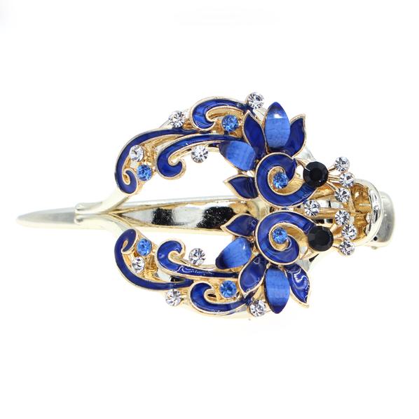 Blue Enamel Hinged Hair Clip Claw Barrette w/ Rhinestones Two Peacocks