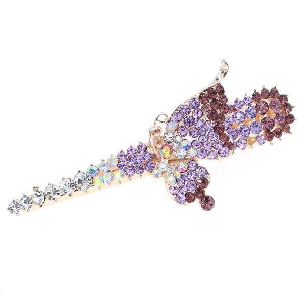 Gold Finish Rhinestone Side Butterfly Alligator Clip Hair Claw Purple