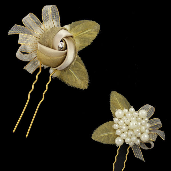 Handmade Double-Side Rose and Pearl 2-Prong Hair Fork