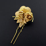 Handmade Golden Fabric Rose 2-Prong Hair Fork
