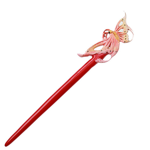 CrystalMood Handmade Carved Boxwood Hair Stick Butterfly Lacquered Gold & Pink