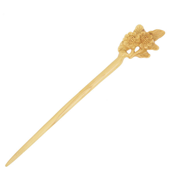 CrystalMood Handmade Carved Wood Hair Stick Camellias 7.2" Boxwood