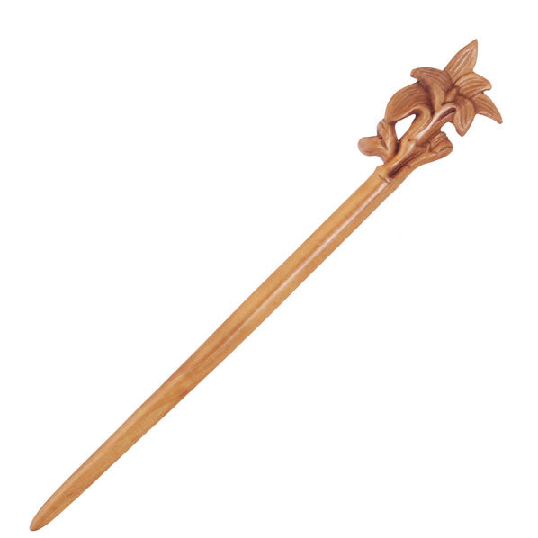 CrystalMood Handmade Carved Wood Hair Stick Lily 7" Peachwood