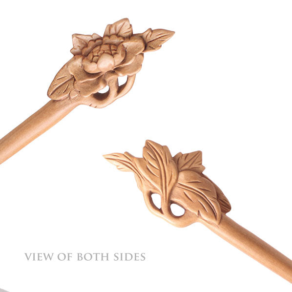 CrystalMood Handmade Carved Wood Hair Stick Begonia