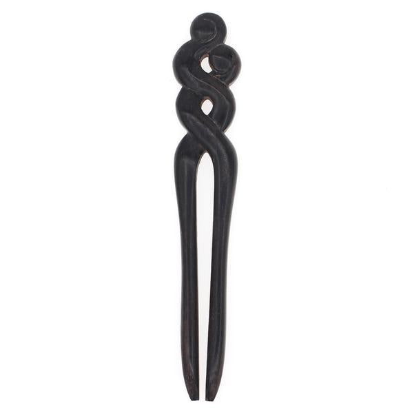 CrystalMood Handmade Carved Flat Back 2-Prong Rosewood Twist Hair Stick