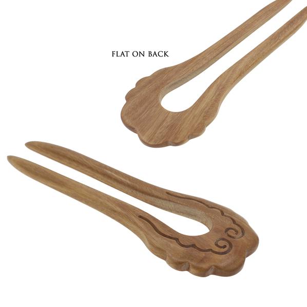 CrystalMood Carved Rosewood 2-Prong Flat Back Hair Stick Fork Cloud