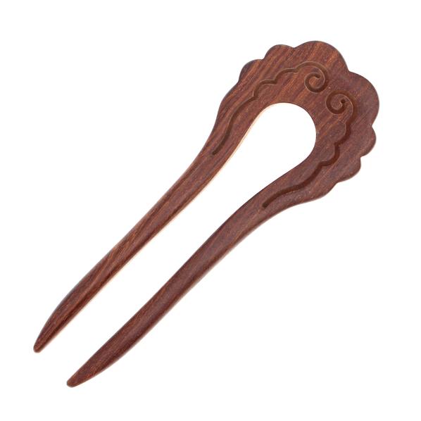 CrystalMood Carved Ebony Wood 2-Prong Flat Back Hair Stick Fork Cloud
