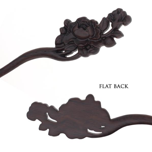 CrystalMood Carved Ebony Wood Flat-Back Peony Flowers Hair Stick