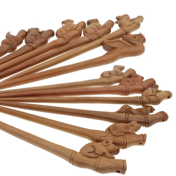 CrystalMood Handmade Carved Peachwood Chinese Zodiac Hair Stick 12 Pig