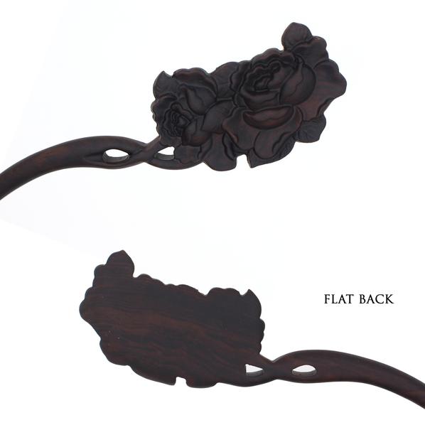 CrystalMood Carved Ebony Wood Flat-Back Eden Rose Hair Stick