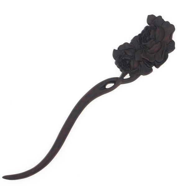 CrystalMood Carved Ebony Wood Flat-Back Eden Rose Hair Stick