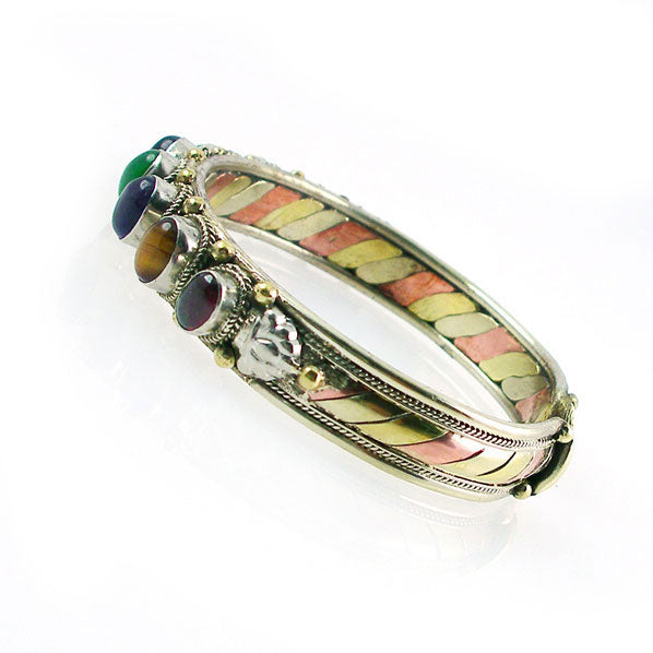 Tibetan Silver Tri-tone Cuff Bracelet 0.38" Wide with Multi Gemstones