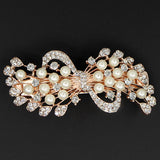 Gold Finish Rhinestone & Pearl Hair Barrette Ribbon