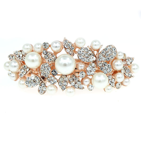 Pale Gold Finish Flowers and Butterflies Hair Barrette w/ Pearl & Rhinestones White