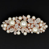 Pale Gold Finish Flowers and Butterflies Hair Barrette w/ Pearl & Rhinestones White