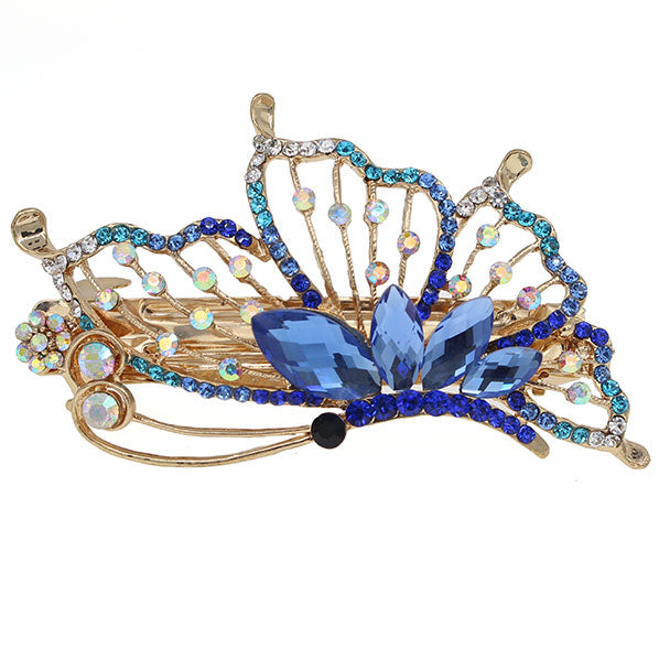 Gold Finish Rhinestone Butterfly Hair Barrette Blue
