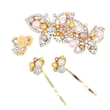 Butterfly Rhinestone & Glass Pearl Barrette Mini Clip Hairpins 4pc Set Champagne
