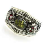 Tibetan Silver Double Dragon Cuff Bracelet with Amber Cabochon 1.5" Wide