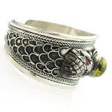 Tibetan Silver Double Dragon Cuff Bracelet with Amber Cabochon 1.5" Wide