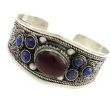 Tibetan Silver Filigreed Cuff Bracelet with Agate Cabochon and Garnet Beads 1.2" Wide