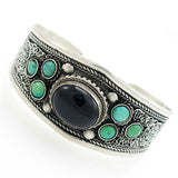 Tibetan Silver Filigreed Cuff Bracelet with Jadeite Cabochon and Turquiose Beads 1.2" Wide