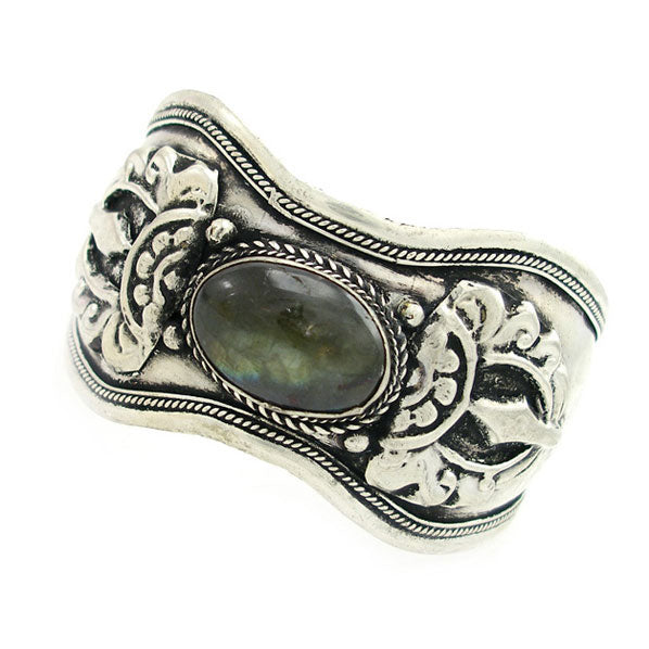 Tibetan Silver Cuff Bracelet with Gemstone Cabochon 1.75" Wide