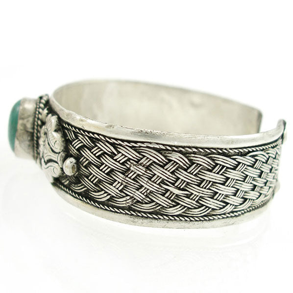 Tibetan Silver Cuff Bracelet with Gemstone Cabochon 0.75" Wide