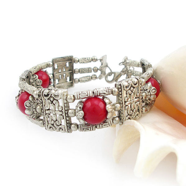 Tibetan Silver and Coral Beads Bracelet 0.6" Wide