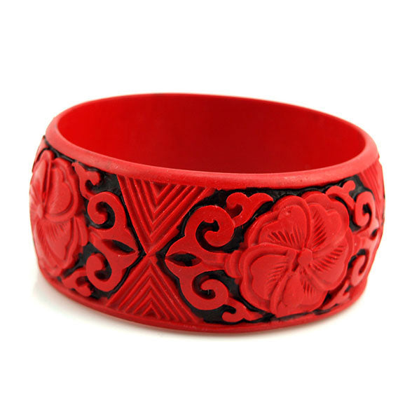 Handmade Chinese Carved Lacquer Floral Bangle Bracelet 1.25"