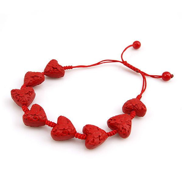 Handmade Beaded Chinese Carved Lacquer Heart Bracelet