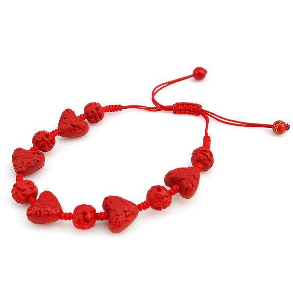 Handmade Beaded Chinese Carved Lacquer Heart Bracelet