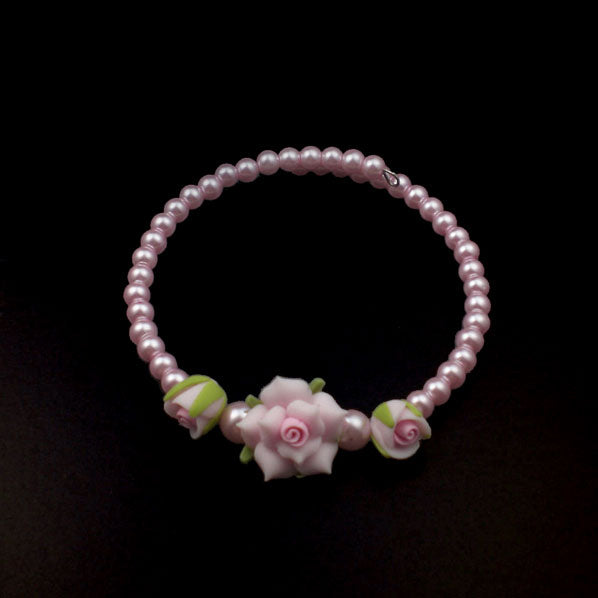 Polymer Roses and Pearl Cuff Bracelet Pink