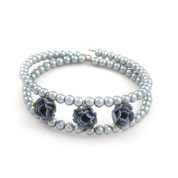 Polymer Roses and Pearl 2-Strand Cuff Bracelet Silver Gray