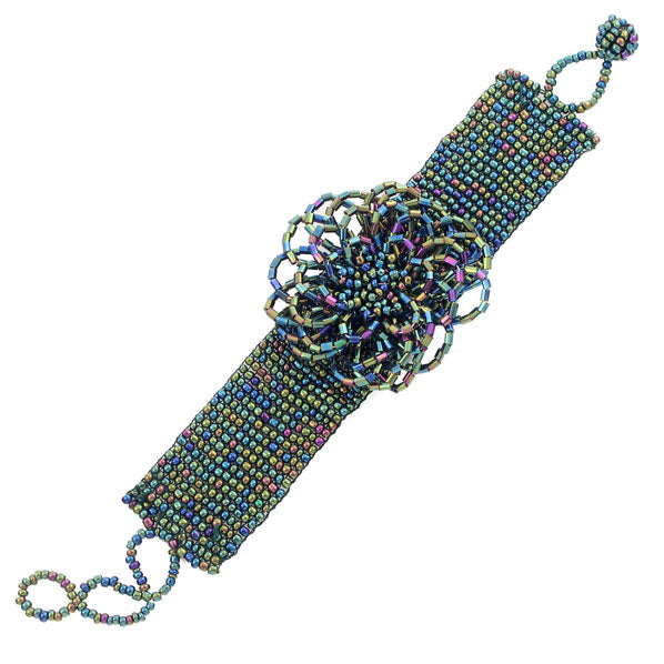 Beaded Peacock Color Rossette Adjustable Bracelet