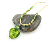 Handmade Raffia Grass Necklace with Lampwork Heart Pendant Green