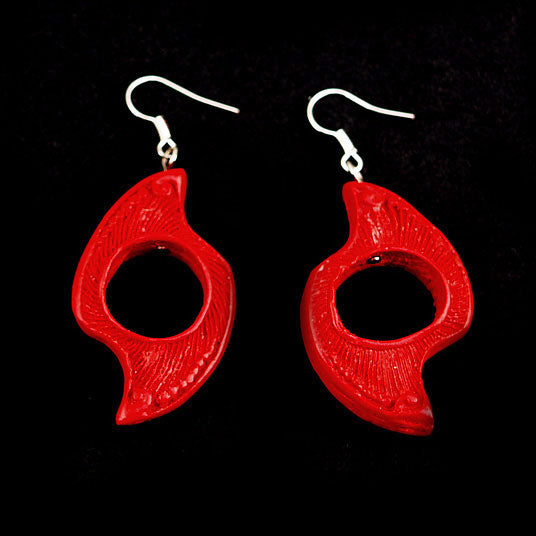 Chinese Carved Lacquer Earrings Red Twist