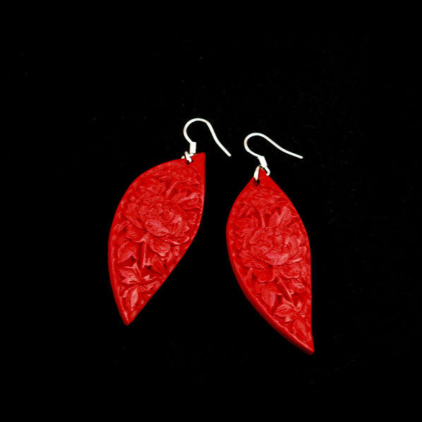Handmade Chinese Carved Lacquer Earrings Leaf Red