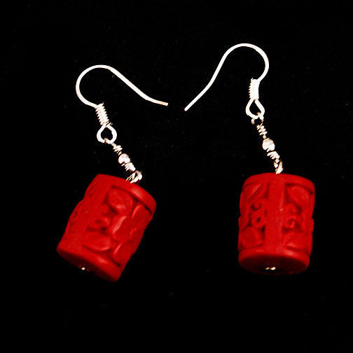 Handmade Chinese Carved Lacquer Earrings Cylinder Red