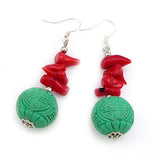 Tibetan Style Carved Lacquer Earrings Turquoise Green