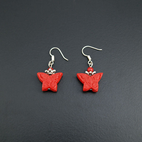 Handmade Chinese Carved Lacquer Earrings Butterfly Red